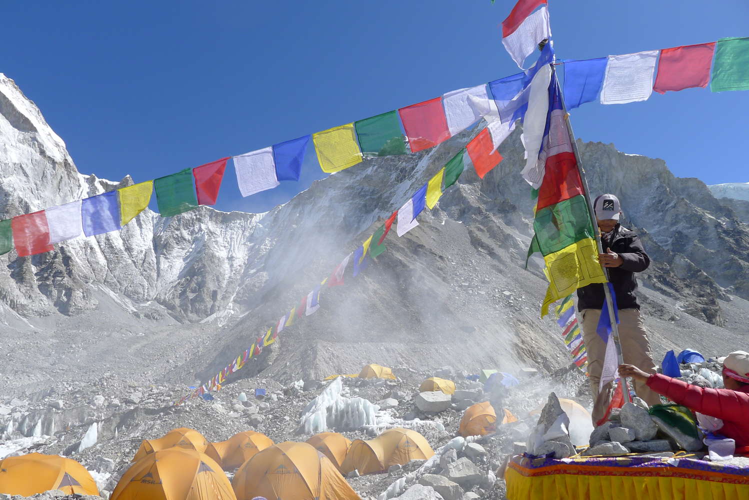 Erecting prayer flags, Base Camp Puja ceremony