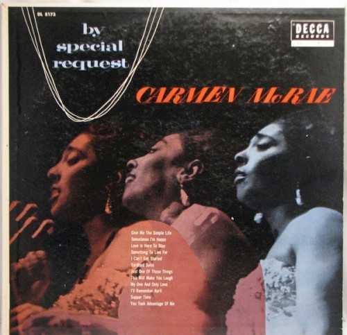 Allmusic album Review : Other than a record for Bethlehem and a few scattered selections, this LP (most of which has been reissued on CD) has Carmen McRaes earliest recordings. Although her voice is higher than it would be and her style is not as recognizable, she was already a top-notch singer at this early stage. Some numbers have McRae joined by the Mat Matthews Quintet (featuring Matthews on accordion and the young Herbie Mann on flute), while others have her joined by pianist Dick Katz, guitarist Mundell Lowe, bassist Wendell Marshall, and her ex-husband Kenny Clarke on drums. McRae plays piano on "Suppertime," and Billy Strayhorn sits in on his own "Something to Live For." Among the other songs that McRae uplifts and swings are "Give Me the Simple Life," "Sometimes Im Happy," "Yardbird Suite," and "This Will Make You Laugh." by_special_request