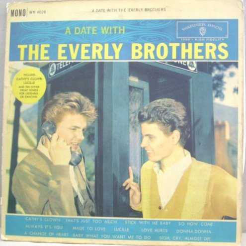 Allmusic album Review : Although the material is not on the killer level of Its Everly Time, there are some very fine songs on their second Warner LP. Includes "Cathys Clown," their raucous cover of Little Richards "Lucille," "Love Hurts" (which preceded Roy Orbisons hit version), and "So How Come" (covered by the Beatles in 1963 on the BBC). a_date_with_the_everly_brothers