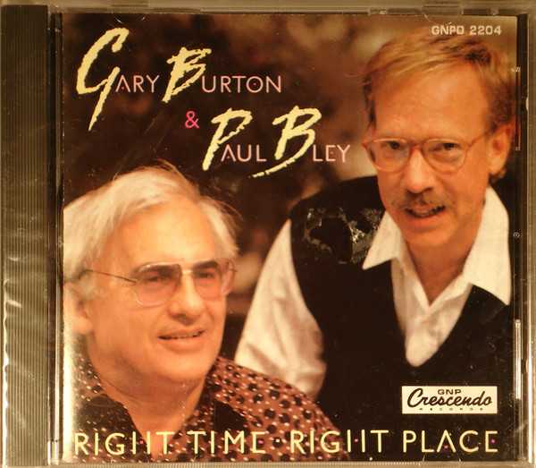 Allmusic album Review : Although they have utilized the talents of some of the same musicians through the years (most notably Steve Swallow) and both recorded for ECM, vibraphonist Gary Burton and pianist Paul Bley had not recorded before this 1990 Copenhagen session. The combination generally works, with some of Burtons romanticism and melodic approach rubbing off on Bley during the date (the usually somber pianist actually sounds a little lighthearted during "Isnt It Romantic") while the vibist sometimes emulates Bleys emphasis on space. On their six duets, Burton and Bley do not take turns soloing per se as much as alternate being the lead voice. Their unaccompanied features (three apiece) are generally in the same introspective but exploratory mood, making this a quiet program of thought-provoking if occasionally sleepy music. right_time_right_place