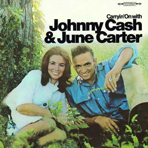 Allmusic album Review : Johnny Cash has called June Carter-Cash one of the most neglected artists in country music, whose contributions will always be overlooked in the shadow of her husbands own success -- his only regret, he says, in having married her. On the couples 1967 release Carryin On With Johnny Cash and June Carter -- recorded a year before their marriage and while Cash was still officially, unhappily wed to his first wife Vivian -- June emerges briefly not merely as a longtime backup singer or opening act, but as an equal and able performer and partner. Indeed, her gritty country voice is one of the albums greatest strengths, providing a nice complement and counter to Cashs famous, unadorned bass. Carryin On contains the hit single "Jackson," along with "Long-Legged Guitar Pickin Man," a boisterous, rocking and rolling minor hit featuring Johnny in the lead role and June as his lovably nagging "Big-Mouthed Woman." Other performances include less effective detours into folk-rockish and pseudo-soulful realms: They cut a fine cover of Richard & Mimi Farinas then-popular "Pack Up Your Sorrows" and wade a little awkwardly through Bob Dylans "It Aint Me, Babe," Johnny gracelessly spitting out the "babe" of the title against "Ring of Fire" mariachi horns. Both sides of the record end with versions of Ray Charles classics, "I Got a Woman" and an especially shaky "Whatd I Say," which, like "Babe," may prove as endearing to Cash fans as irritating to less-dedicated listeners. While Cash seems a little uncomfortable, or at least out of place, on the Charles numbers, June sounds surprisingly at home and rescues the performances with her soulful, growling vocals. The albums lowest moment, meanwhile, is its second track, "Shantytown," in which syrupy female voices provide sentimental, Hee Haw routine choruses of "I live down in Shantytown/Where the chickens 20 cents a pound." Despite such moments, though, the album manages to overcome its weaknesses by the strength of the couples collaboration; Johnny and June, eternally genuine and altogether unembarrassed even in the midst of their worst or most ridiculous arrangements, can perform corny or ill-fitted material with such honesty and conviction that you have almost no choice but to believe and enjoy it. Along with the duos unforgettable voices, the records mix of harmonicas, banjo, dobro, and hot electric guitar licks lends a down-home, carefree spirit to the entire effort. This, on some level, is Johnny and June at home, or -- as on the cover -- kicked back in a grassy field, Carryin On, and the world is better off for having witnessed the whole thing. carryin_on_with_johnny_cash_june_carter