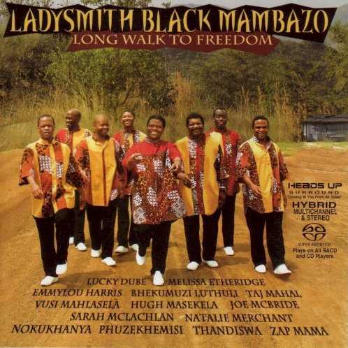 Allmusic album Review : It was a collaboration with a famous American pop star that broke Ladysmith Black Mambazo as an international act in the mid-80s, and on Long Walk to Freedom they enact a variation on the theme -- only in this case, the project is under their control and the American guests are an eclectic assortment of rock, folk, and pop musicians, who are also joined by pioneering Afro-European chanteuses Zap Mama and a veritable chorus of South African colleagues including Lucky Dube, Hugh Masakela, Thandiswa, and others. Youre getting nervous now, and youre right: this is one of those projects that could easily go either way, and in fact it goes both ways. Natalie Merchant brings absolutely nothing of substance or consequence to "Rain Rain Beautiful Rain," nor does Sarah McLachlan contribute much to the groups rather desultory remake of "Homeless." The new version of "Diamonds on the Soles of Her Shoes" features Melissa Etheridge and Joe McBride, and is underwhelming until the end of the a cappella intro, at which point the band kicks in -- only its not a band, its Ladysmith singing all the instrumental parts, and its electrifying. The Afro-pop summit meeting that is "Shosholoza" works nicely as well. But the albums best tracks are those on which the group sings by itself: "Nomathemba," the opening track, is one of the albums best, and leader Joseph Shabalalas solo "Thula Thula" ends the program on a very strong note. The disc adds a generous program of CD-ROM tracks including music videos for "Raise Your Spirit Higher" (from their previous album) and "Long Walk to Freedom." Imperfect, but recommended. long_walk_to_freedom