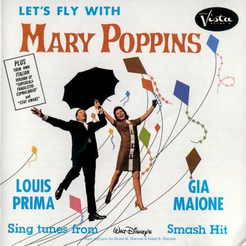 Allmusic album Review : The score of Mary Poppins was recorded by many singers and musicians after the movies premiere in 1964, including Duke Ellington and John Coltrane ("Chim Chim Cheree"). Singer-trumpeter Louis Prima was one of the first, cutting versions of "A Spoonful of Sugar" and "Stay Awake" before executives from the Buena Vista label (owned by Disney) suggested he record enough additional material for a full album. The music ended up quite lightweight, and this set is very brief (27 minutes). Prima only takes one trumpet solo (a rather weak statement on "The Perfect Nanny"), and the ten numbers (two of which are performed twice, the second time in Italian) are essentially treated as novelties by Prima and his then-wife Gia Maione. Only one number is longer than 2:41 and, although there is a cheerful warmth in the vocal interplay of Prima and Maione, the end results are rather pointless. "Supercalifragilisticexpialidocious" (especially the Italian version) is difficult to sit through. A historical curiosity but little more. lets_fly_with_mary_poppins