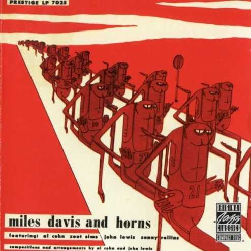 Allmusic album Review : Miles Davis first studio session for Prestige Records took place on January 17, 1951, with a front line of Sonny Rollins on tenor and Bennie Green on trombone. Two years later, Davis made his second session of 1953 in the company of two tenor men deeply touched by the work of Lester Young and Charlie Parker: Al Cohn and Zoot Sims, two of Woody Hermans famous Four Brothers. These two sessions, featuring a pair of three-horn front lines, make up the music on Miles and Horns. The John Lewis opener "Morpheus" proceeds from where Birth of the Cool left off, with the horns harmonizing off a sustained bass vamp/cymbal roll, then introducing a Roy Haynes drum break with fleet lines that pave the way for boppish solos. Davis own "Down" is an early snapshot of the trumpeters pensive blues work, with some contrasting Rollins bluster. Other highlights are Lewis spectral chordal prologue to "Blue Room" and his Basie-style intro to "Whispering," a song on which Davis attack and tone really come together. "I Know" is a Rollins feature, with Davis on piano. The 1953 date is a delightful blowing session, with Kenny Clarke providing plenty of percussive salsa, and Al Cohn providing masterful charts. Cohn, Sims, and Davis team up to provide distinctive, rich harmonies on themes such as the slow, soulful "Tasty Pudding" and "For Adults Only," with their introspective features. "Willie the Wailer" borrows its intro from Benny Goodmans "Soft Winds" and provides Davis and Cohn with plenty of swing drive. The call and response of "Floppy" leads to powerful Davis-Clarke interplay, a taut John Lewis solo, and an anthemic Cohn-Sims exchanges.