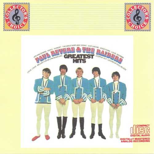 Allmusic album Review : Paul Revere and the Raiders scored seven chart hits between the fall of 1965 and the winter of 1967, and all of them -- "Steppin Out," "Just Like Me," "Kicks," "Hungry," "The Great Airplane Strike," "Good Thing," and "Ups and Downs" -- were included among the 11 tracks on the groups first hits collection. Also included were "Louie, Louie," the Raiders first Columbia single, and its follow-up, "Louie, Go Home," a B-side instrumental, plus the newly penned "Legend of Paul Revere," which told the bands story. Thus, the album traced the band from its beginnings as a Northwest club band to its reign as an L.A. pop/rock success. There would be more hits, but this brief compilation (it originally ran under 30 minutes) contained the essence of the Raiders most successful period and indeed marked the end of the bands lineup, as the rhythm section split to form another group, leaving Revere and lead singer Mark Lindsay to recruit a new edition of the Raiders. [The 2000 CD reissue on Columbia/Legacy adds four bonus tracks: "Him or Me -- Whats It Gonna Be?" (their biggest post-1966 hit of the 1960s), "Im Not Your Steppin Stone" (which predated the Monkees version), "Action," and "Peace of Mind."]