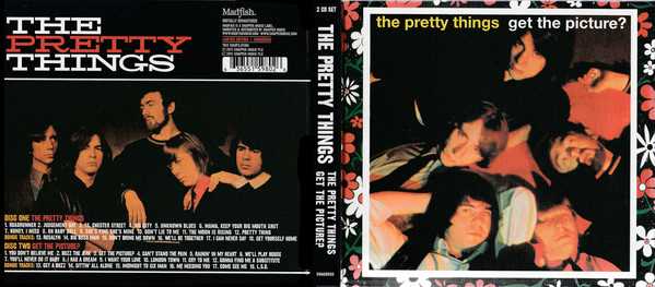 Allmusic album Review : One of the rawest and easily the most garage and punk of the British blues bands that fed the British Invasion pop era of the mid-60s, the Pretty Things, led by the Mick Jagger-like lead vocals of Phil May and the kinetic, stinging electric guitar lines of Dick Taylor, managed to find a gazillion different ways to work Bo Diddley rhythms into songs that tilted, jerked, and growled with attitude on their first two albums, The Pretty Things and Get the Picture?, both of which appeared in 1965. This set combines both of those albums and adds in a dozen bonus tracks cut for singles and EP releases at the same sessions, including the marvelous and manic “Midnight to Six Man” and the purposely messy and loose “L.S.D.,” which prefigured the psychedelic turn the band was about to take with 1967’s Emotions LP. the_pretty_things_get_the_picture